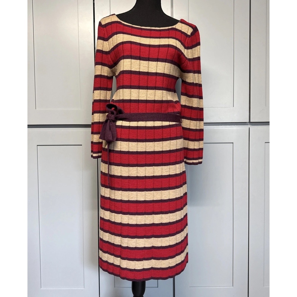 Trina Turk Merino Wool Striped Sweater Dress Red Tan Plum Belted Midi L TD127903